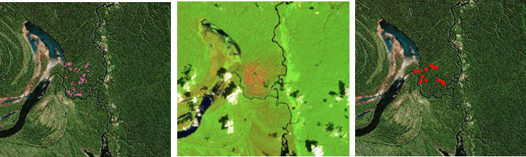 <p>2015 Amazonas state fire captured by 2016 tree cover loss data. From left to right: (Image 1) 2016 tree cover loss in pink; (Image 2) December 23, 2015 false color Sentinel-2 image of burn scar indicates the tree cover loss detected in 2016 actually occurred as early as December of 2015; (Image 3) August 2015 MODIS fire alerts give further indication that the fires and subsequent tree cover loss occurred as early as August 2015.</p>
