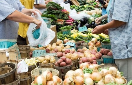 Shoppers bag produce at a farmer's market. Eating less meat and more plant-based protein is one impactful way to lower your climate footprint. 