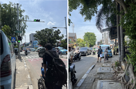 Penampakan trotoar di Jalan Palmerah Barat yang merupakan jalan raya dan detik-detik kami diklakson oleh beberapa kendaraan.