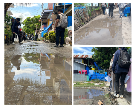 Air menggenangi sejumlah jalan pasca hujan deras yang terjadi semalam sebelum berkunjung ke Pulau Barrang Lompo