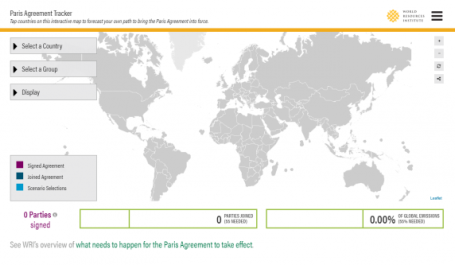 The Paris Agreement Tracker enables people to monitor countries’ progress toward ratifying the Paris Agreement, and allows users to create their own combinations for bringing it into force.
