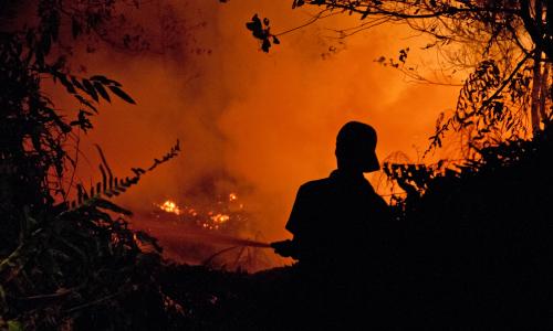 An officer is trying to extinguish fire in Kalimantan. Photo Credit: CIFOR