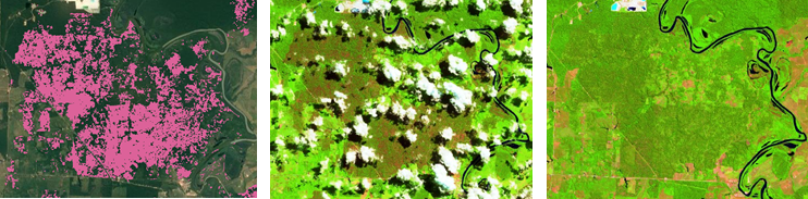 <p>Kehilangan tutupan pohon dari kebakaran di Maranhao, Brazil. Dari kiri ke kanan: (Gambar 1) kehilangan tutupan pohon tahun 2016 ditunjukkan dengan warna pink; (Gambar 2) Citra Sentinel-2, 20 Juni 2016, citra bekas kebakaran ditunjukkan dengan warna hijau gelap/coklat; (Gambar 3) Citra Sentinel-2, 20 Juni 2017 menunjukkan pertumbuhan tutupan kanopi pohon dengan warna hijau yang lebih gelap dari sekitarnya, yang dapat tumbuh kembali dalam waktu 4-7 tahun jika tidak terjadi kebakaran tambahan. Gambar 2 dan 3 menggunakan false color untuk menekankan perubahan vegetasi.</p>
