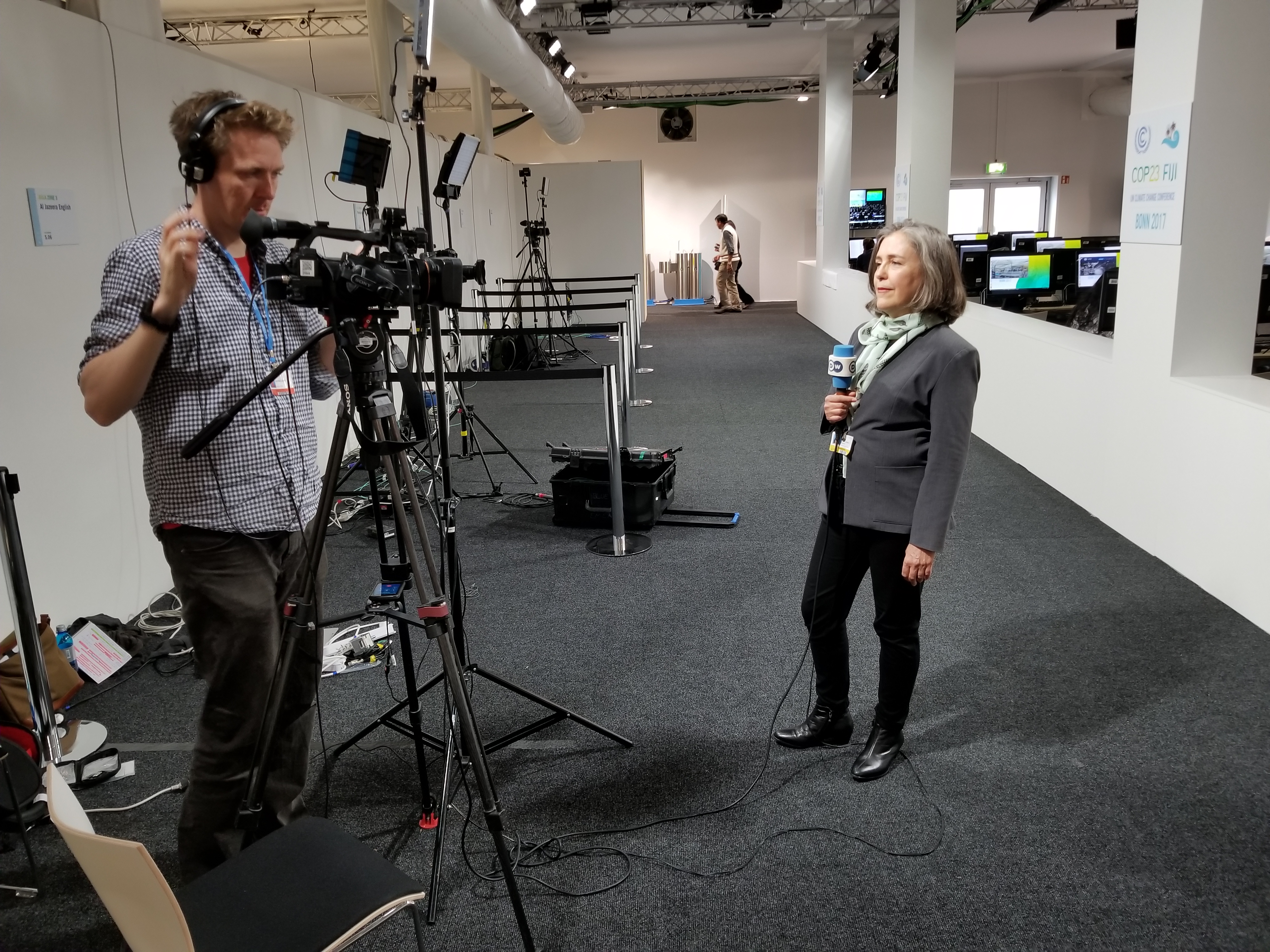 <p>WRI\'s Paula Caballero getting ready to speak to Deutsche Welle.</p>
